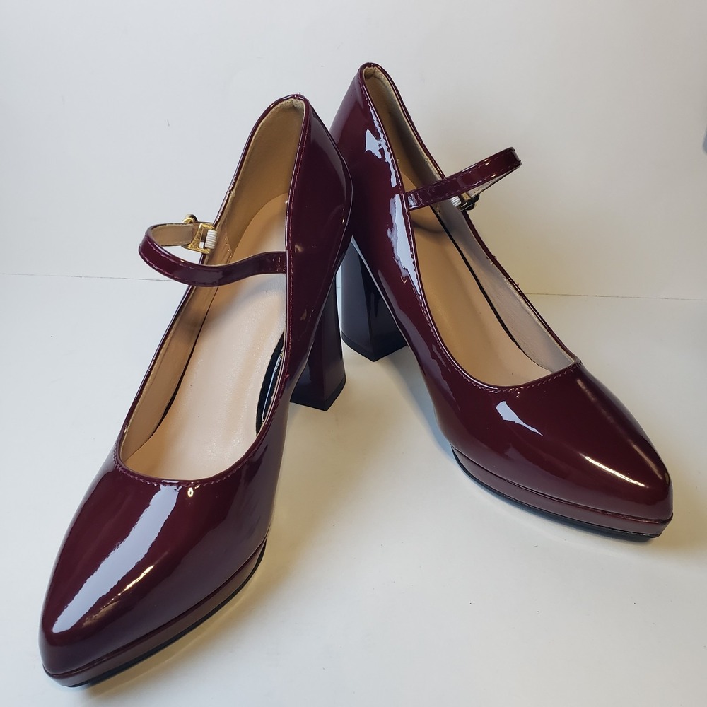 Women's Burgundy Patent Leather Mary Jane Block Heel Shoes Ankle Strap Sz 41 EU - Picture 7 of 11